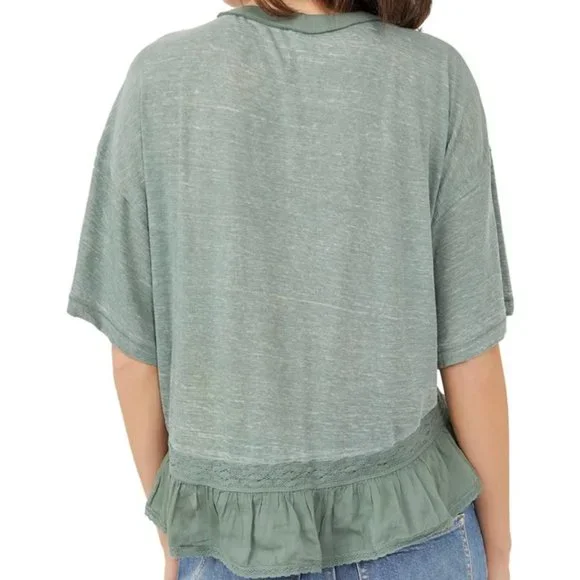 NWT Free People - Fall in Love Lace Inset T-Shirt.Color - Washed Army, Size - XL - Picture 2 of 8